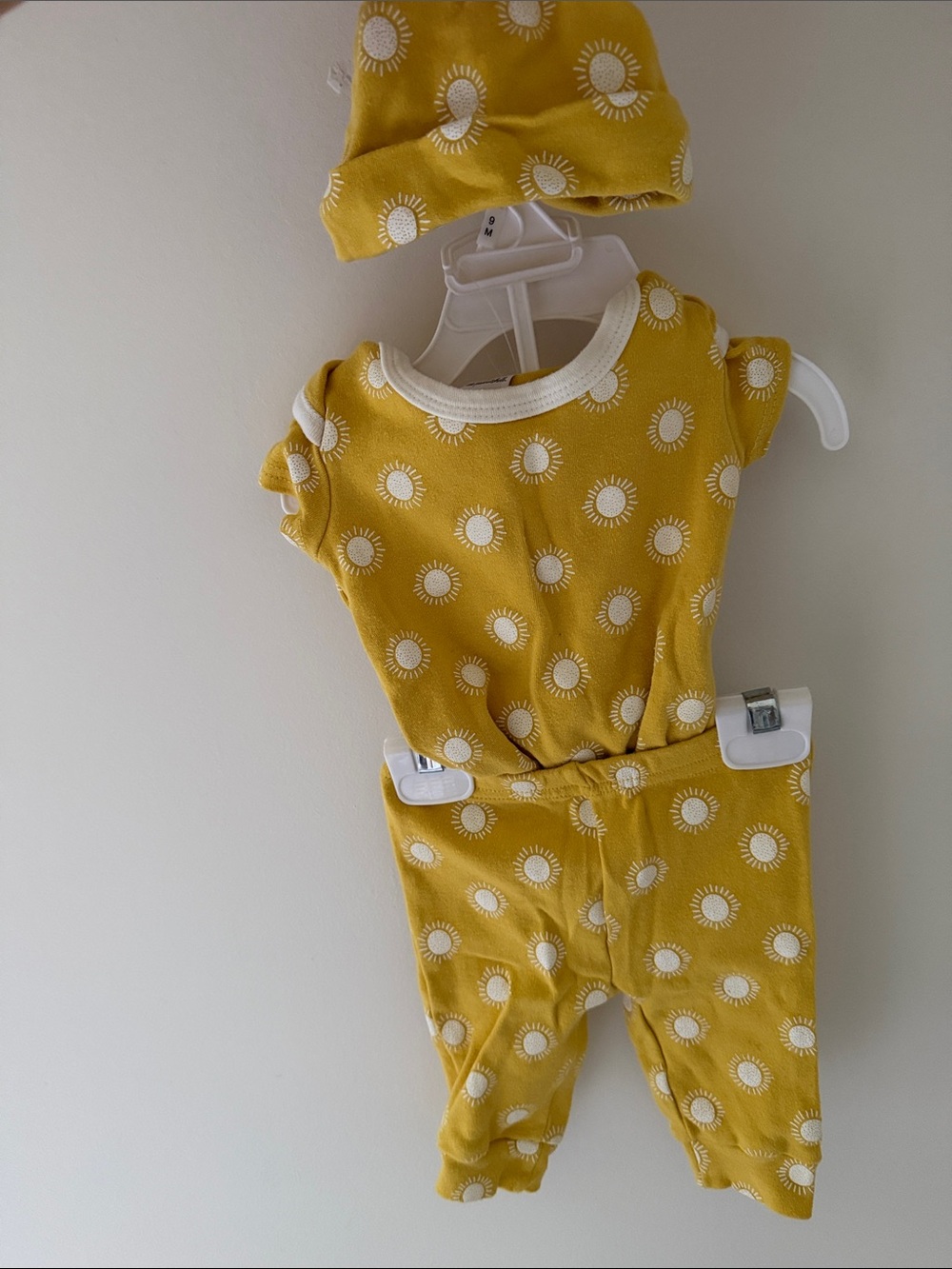 Sun Print Mustard Baby Jumpsuit with Matching Beanie